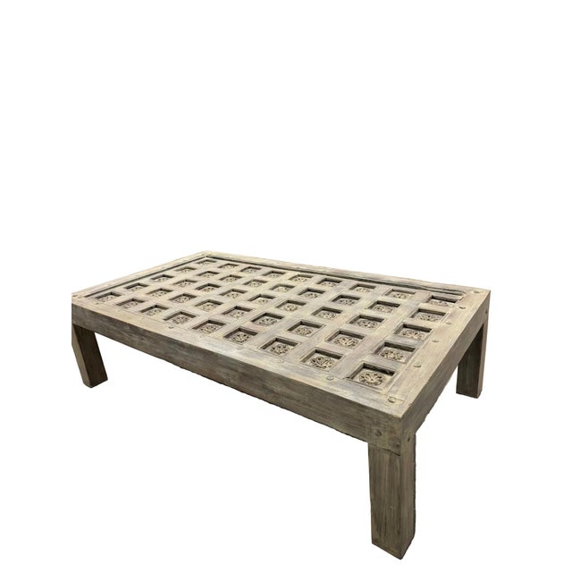Mid-Century Modern Antique Lotus Carved Coffee Table – Whitewashed Rustic Wood Large Accent Table 68 For Sale - Image 3 of 9