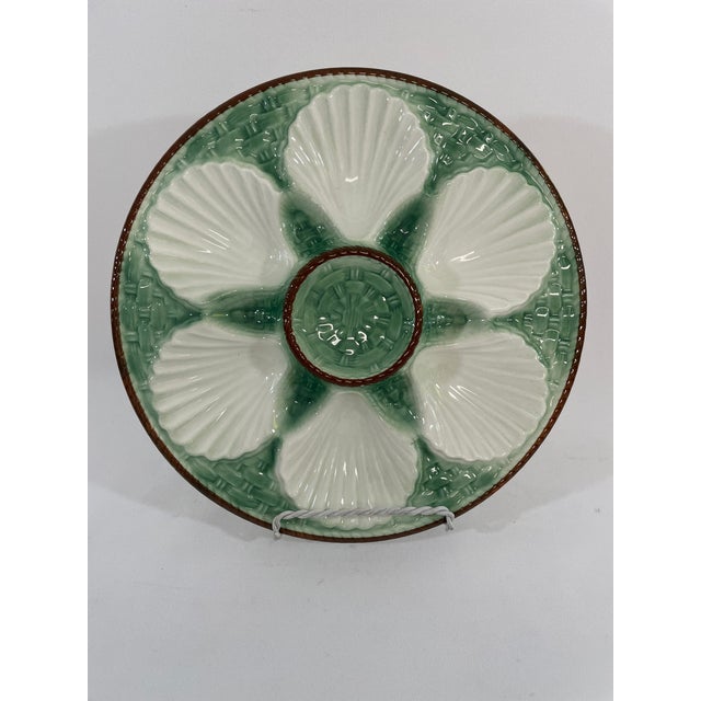 1930s French Longchamp Green and White Majolica Oyster Plate For Sale - Image 12 of 14