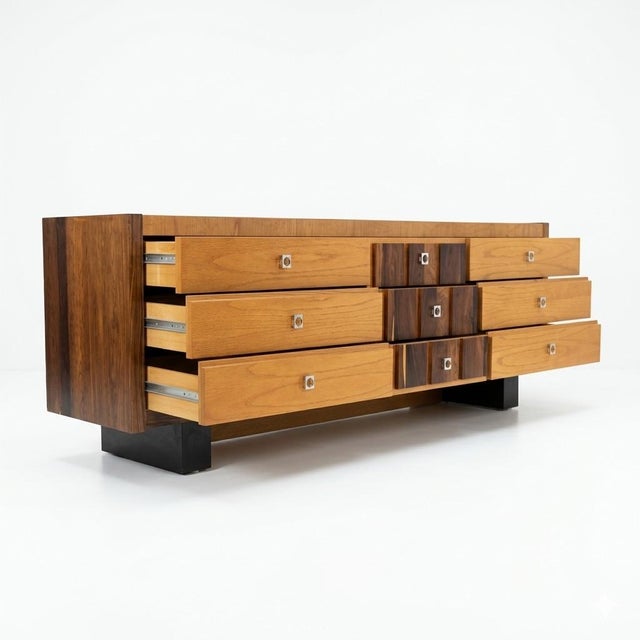 Adrian Pearsall Oak and Rosewood Vintage Brutalist Mid Century Modern 9 Drawer Lowboy Dresser C. 1970s For Sale - Image 4 of 6