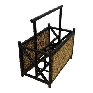 1970 Palecek Bamboo Rattan 2 Compartment Magazine Rack With Handle For Sale
