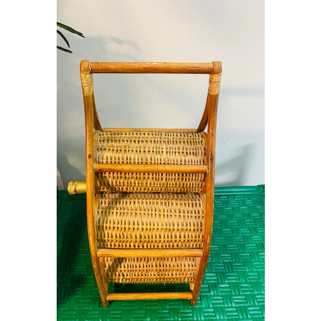 Wood 1970s Vintage Boho Coastal Wicker Rattan Sculptural Wine Bottle Rack Holder For Sale - Image 7 of 11