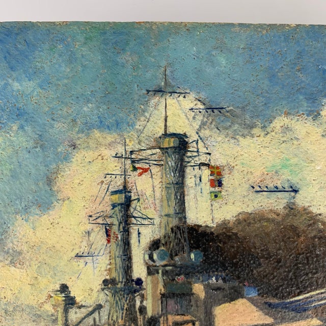 Nautical Vintage Oil Painting Naval Battle Ships Seascape Maritime Nautical Art on Board For Sale - Image 3 of 9