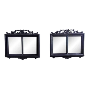 French Mirrors With Shield Crest and Double Pane Black Finish Frame - Pair
