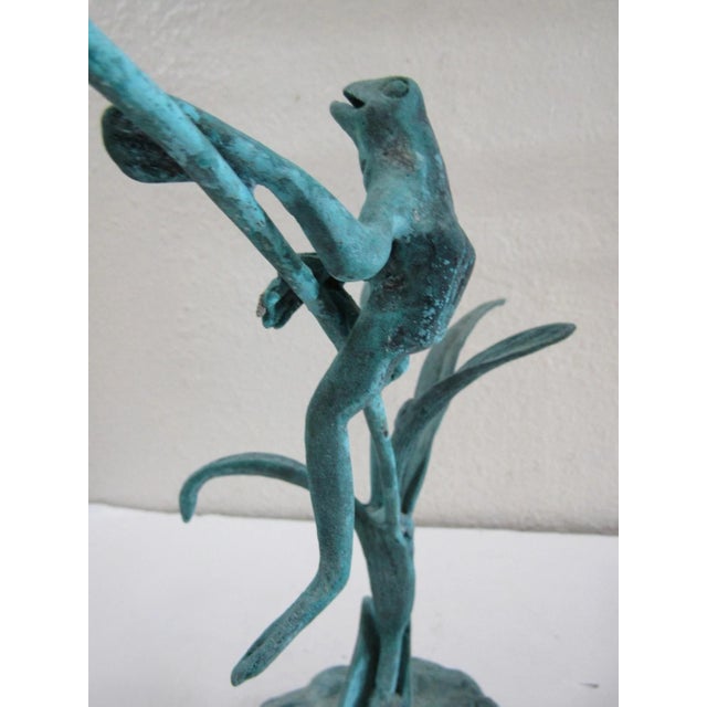 Metal Jumping Frog on Reeds Cold-Cast Bronze Sculpture With Hand Applied Patina For Sale - Image 7 of 13