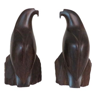 Pair of Carved Ironwood Eagle Bird Bookends Sculptures Mid Century Modern For Sale