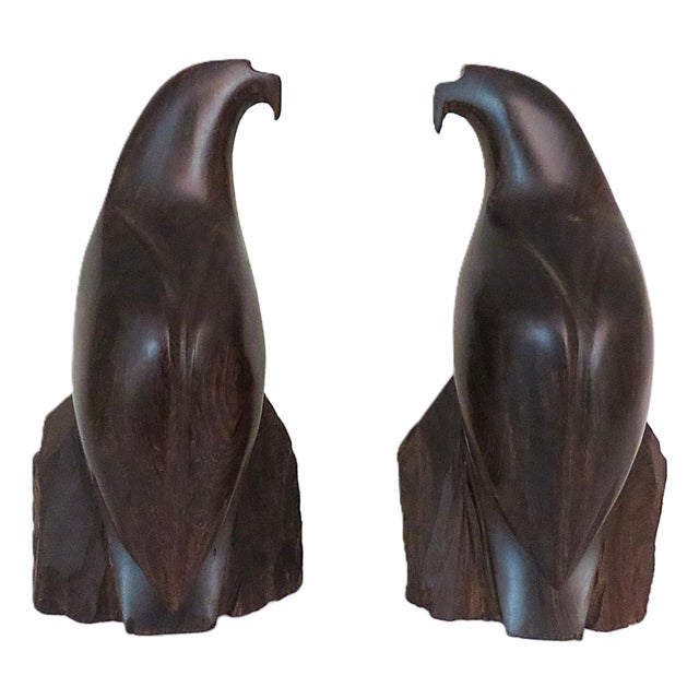 Pair of Carved Ironwood Eagle Bird Bookends Sculptures Mid Century Modern For Sale