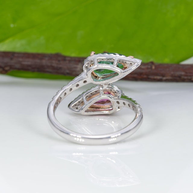 Pink Toi Et Moi Pink & Indicolite Tourmaline Ring With Diamonds: 14k Gold, Pear Cut, Size 5.25 For Sale - Image 8 of 9
