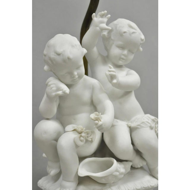 Antique French Parian Bisque Porcelain White Double Cherub & Shell Table Lamp For Sale - Image 4 of 13