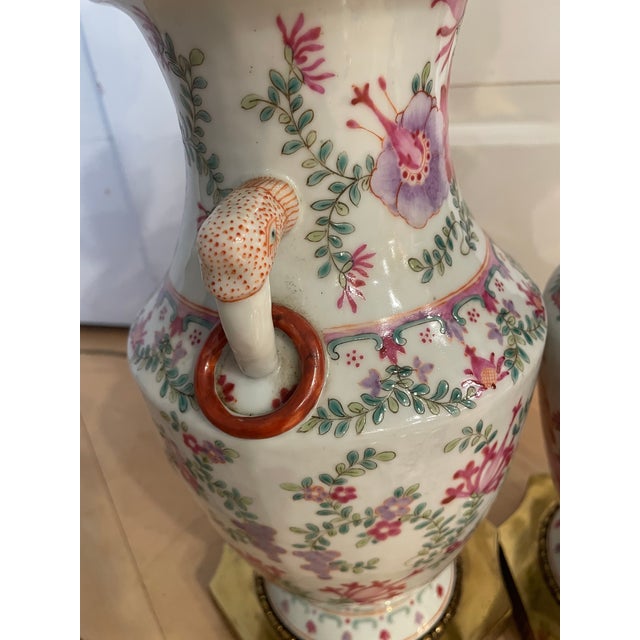 Rose Vintage Chinese Export-Style Famille Rose Porcelain Vase Mounted Table Lamps - a Pair For Sale - Image 8 of 12