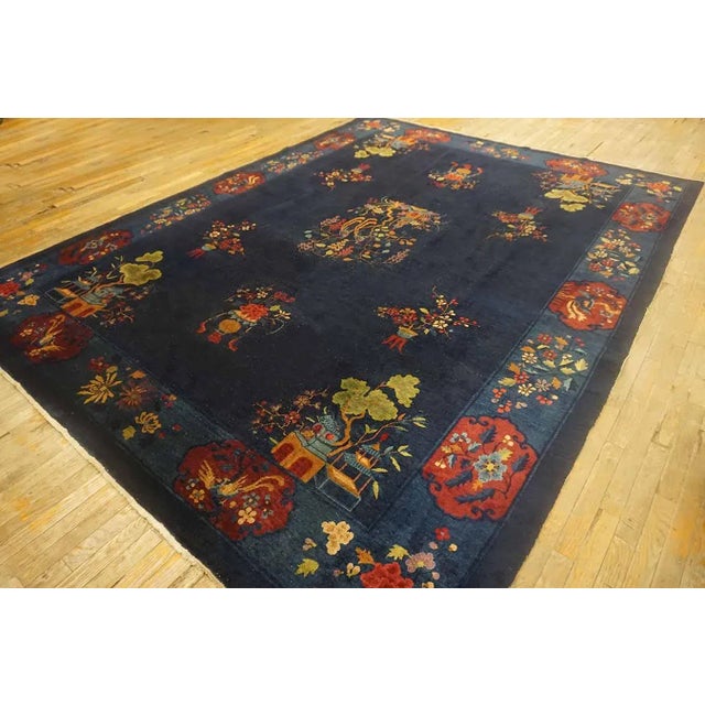 Art Deco 1920s Navy Blue Vase Floral Antique Chinese Art Deco Carpet 9' X 11'6" Handknotted Wool Rug For Sale - Image 3 of 11