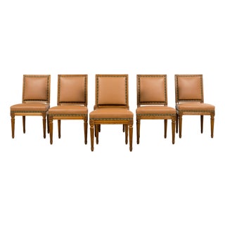 Late 19th Century French Louis XVI Style Dining Chairs in Tan Leather, Set of 6 For Sale