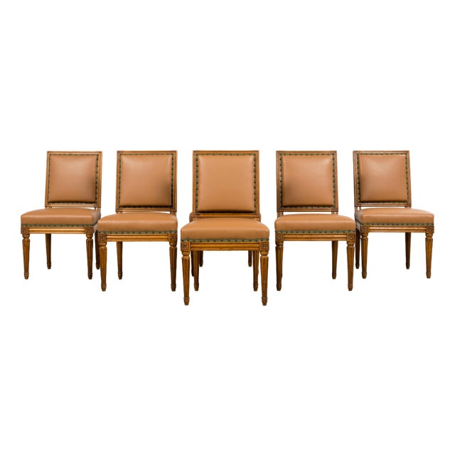 Late 19th Century French Louis XVI Style Dining Chairs in Tan Leather, Set of 6 For Sale