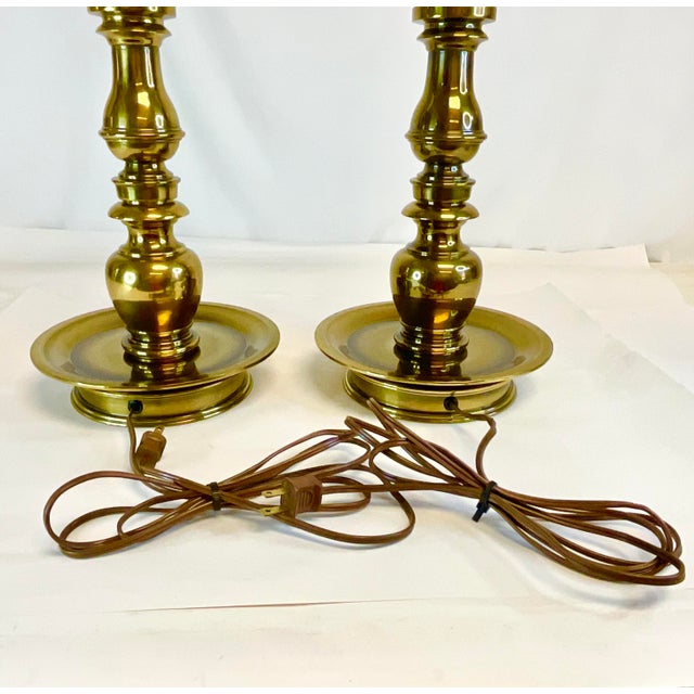 1970s Hollywood Regency Boho Chic Stiffel Brass Candle Stick Style Table Lamps - A Pair, Dual Sockets For Sale - Image 10 of 12