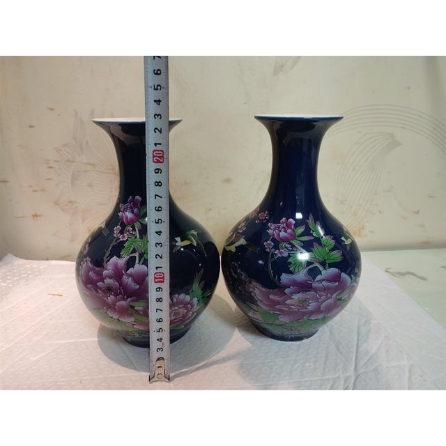 A Pair of Chinese Old Ceramic Vase,Qing Dynasty Qianlong Marked Blue Ground Famille Rose Porcelain Yuhuchun Vase Flowers and Birds Pattern For Sale - Image 10 of 11
