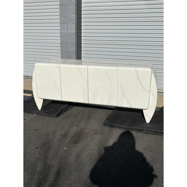 1980s 1980 Karl Springer White Faux Marble Lacquer Credenza For Sale - Image 5 of 8