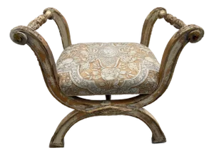 Mid 20th Century Italian Distressed Carved-Wood Curule Stool W/ Versace Pattern Seat Cushion