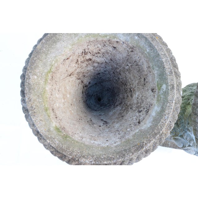 Vintage Large Concrete Garden Urns With Floral Rosetta Relief and Tudor Weave Design- A Pair For Sale - Image 13 of 13