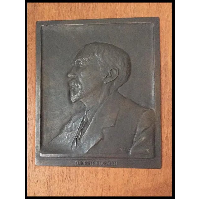 A fine bronze Bas Relief Sculpture Plaque depicting Norwegian American economist and sociologist Thorstein Bunde Veblen...