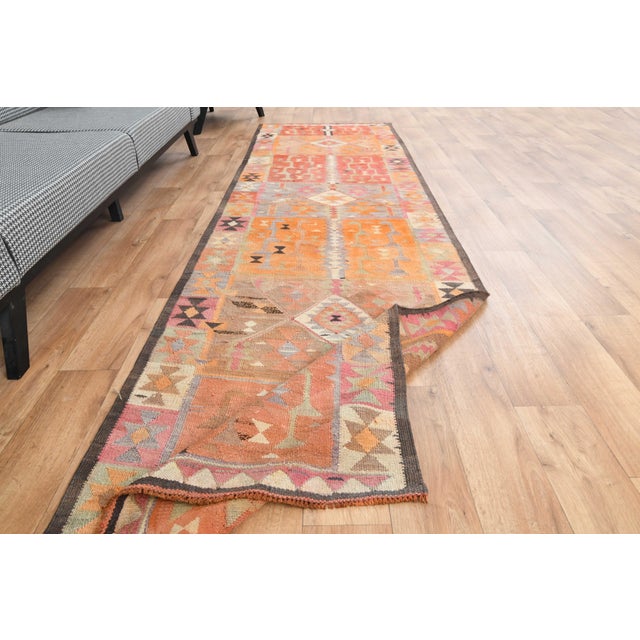 1970s Vintage Turkish Handmade Wool Cotton Orange Runner Rug For Sale - Image 9 of 11