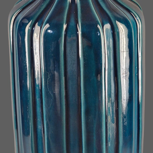 Late 20th Century Mid-Century-Modern Tall 24.5'' Ribbed Blue Glazed Pottery Floor Table Vase For Sale - Image 4 of 9