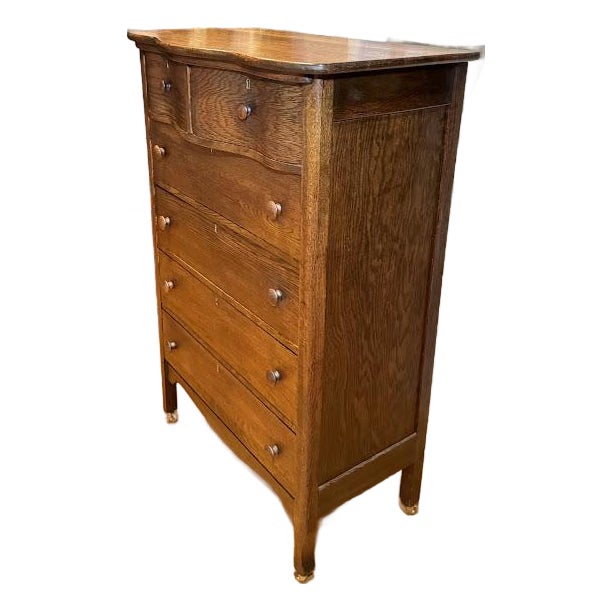 Antique Tiger Oak Serpentine Tallboy Dresser - 6 Drawer For Sale