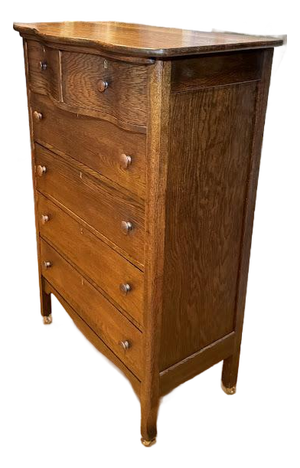 Antique Tiger Oak Serpentine Tallboy Dresser - 6 Drawer