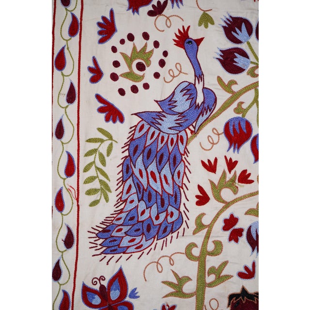 Uzbek Suzani Embroidered Wall Hanging – Peacock, Horse & Tree of Life Design 3'6'' X 6' For Sale - Image 12 of 14