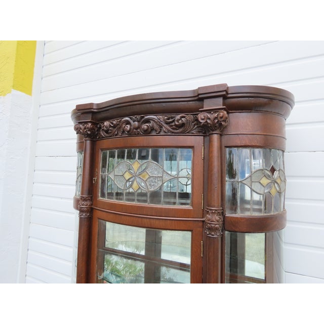 Late 1800s Large Tall Tiger Oak Leaded Stain Glass Curio Cabinet Cupboard 6573 For Sale In Miami - Image 6 of 18