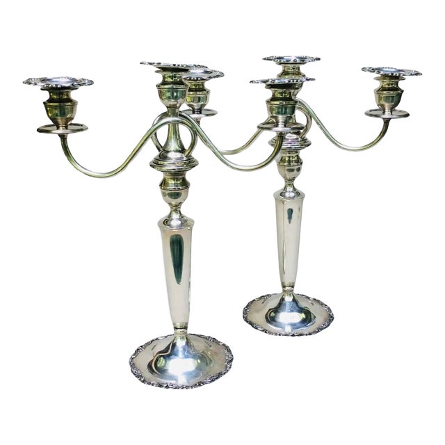 Pair of Antique Convertible Sterling Silver 3-Light Georgian Revival Candelabra, Circa 1950 For Sale