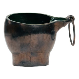 Ceramic Sink with Green and Bronze Glazing and Brass Towelring, 1970s For Sale