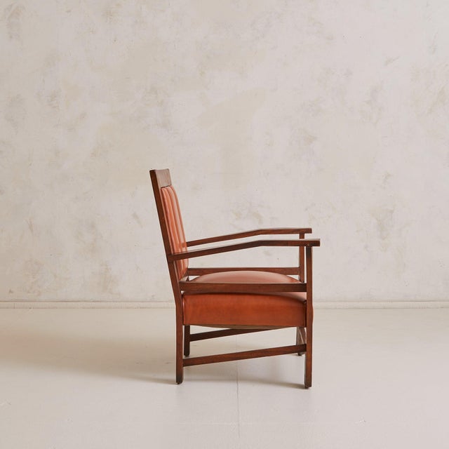 Mid-Century Modern French Colonial Wood + Cognac Leather Armchair, 1944 For Sale - Image 3 of 10