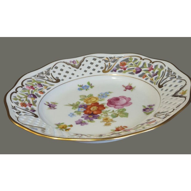 Vintage Oscar De La Renta Plate From West Germany Painted Floral Pierced Edge For Sale - Image 6 of 8