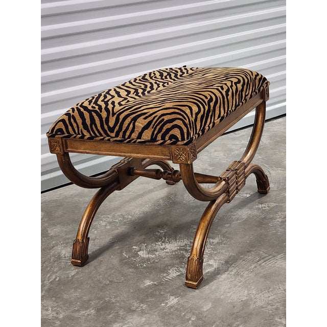 Gold Neoclassical Style Curule Benches With Animal Print Upholstery - A Pair For Sale - Image 8 of 13