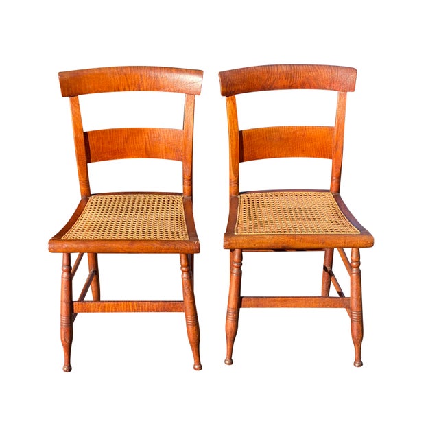 Early 19th Century Antique Pair of Tiger Maple Side Chairs With Cane