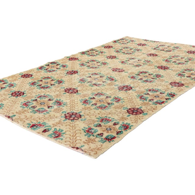 51950 Distressed Vintage Turkish Sivas Rug, 03'11 x 06'09. In the heart of a cottagecore-inspired sanctuary, where the...