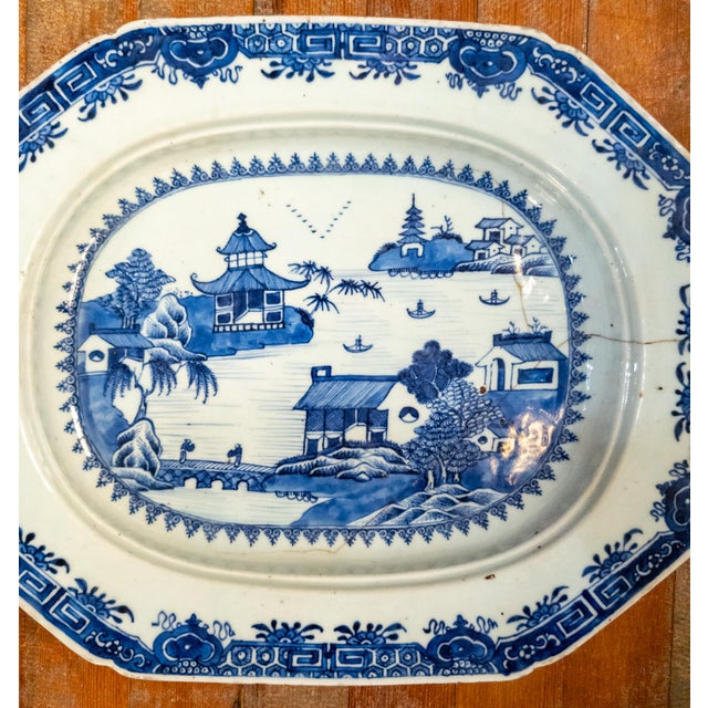 American 18th Century Chinese Blue and White Canton Export Vegetable Tray With Repair For Sale - Image 3 of 12