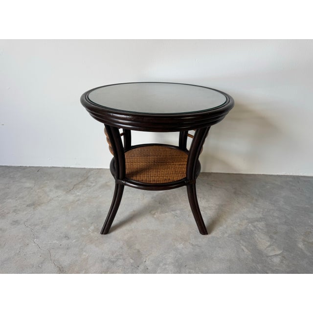 Wood Palecek Coastal Rattan & Leather Accent Side Table With Glass Top For Sale - Image 7 of 10