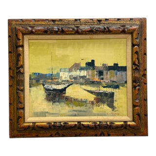 Vintage Midcentury Harbor Scene Signed Collins For Sale