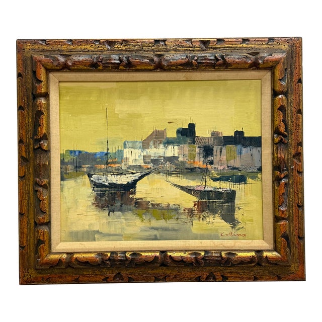 Vintage Midcentury Harbor Scene Signed Collins For Sale