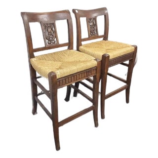 Pair of 1980s Hand Carved Mahogany Bar Stools For Sale