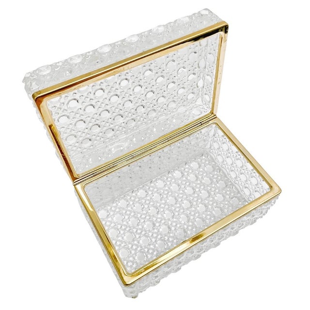 A luxurious vintage French diamond cut crystal hinged casket box with brass frame. Add it to the powder room vanity or...