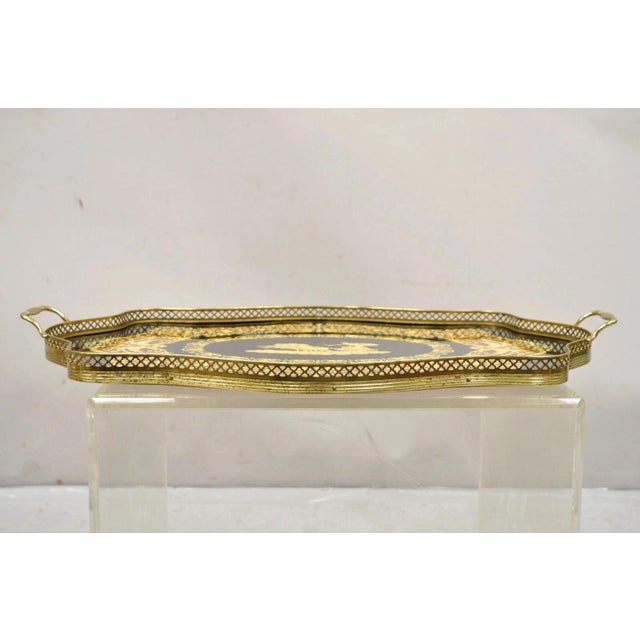 Traditional Vintage Italian Lacquered Wood & Brass Chariot Marquetry Inlay Bar Serving Tray For Sale - Image 3 of 12