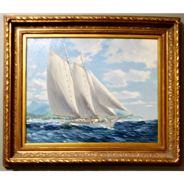 Yacht Oil Painting Sailing Off Bora Bora Louis Macouillard 1913-1987 Gilt Frame For Sale - Image 11 of 15