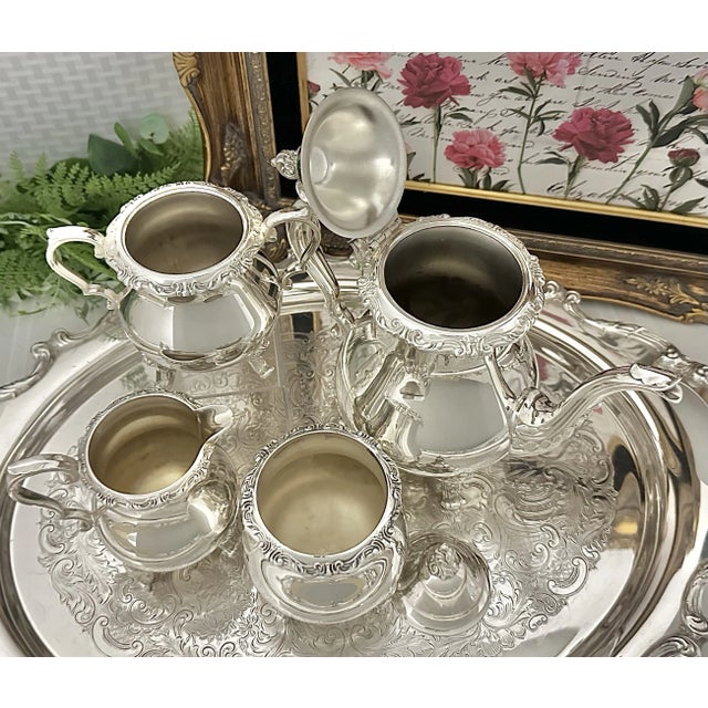 Wallace Silversmiths Mid 20th Century Wallace La Reine Silver Plated Tea & Coffee Service Set With Tray - 6 Piece Set For Sale - Image 4 of 9