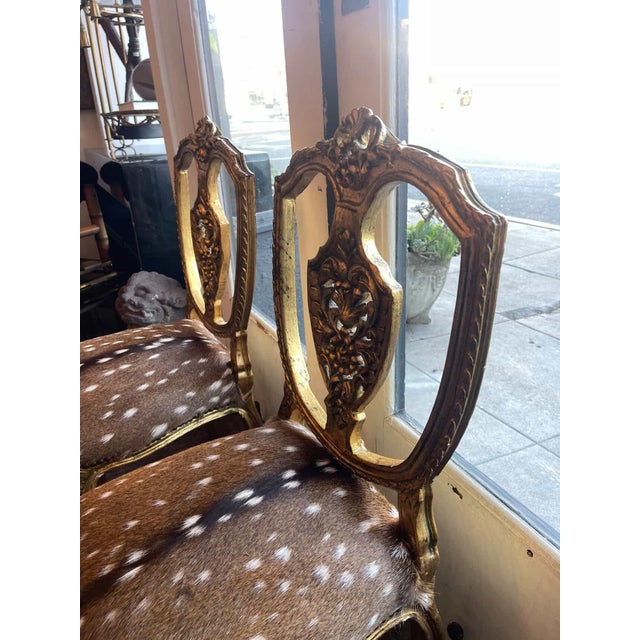 Pair of Antique Louis Gilded Chairs With Hide Upholstery For Sale In Los Angeles - Image 6 of 13