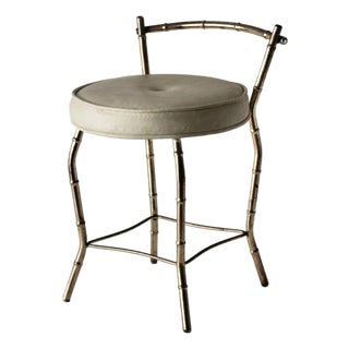 Vintage 1970s George Koch Gold Finish Faux Bamboo Vinyl Padded Swivel Vanity Stool Hollywood Regency For Sale