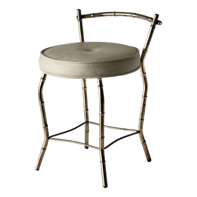 Vintage 1970s George Koch Gold Finish Faux Bamboo Vinyl Padded Swivel Vanity Stool Hollywood Regency For Sale