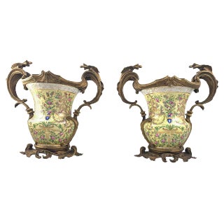 20th Century French Porcelain and Ormolu Twin-Handled Urns, Set of 2 For Sale