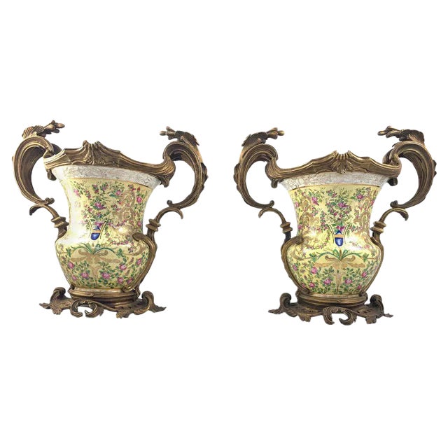 20th Century French Porcelain and Ormolu Twin-Handled Urns, Set of 2 For Sale