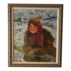 20th Century Oil on Canvas Impressionist Style Titled as Peasant Girl in a Red Shawl by Fedot Vasilievich Sychkov ( 1870-1958) Framed